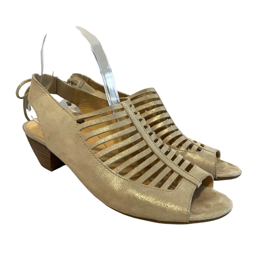 Paul Green Sz 9 US Trisha Nubuck Leather Slingback MidHeel Sandals Handmade Gold